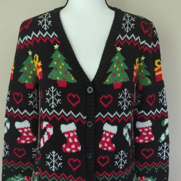 Absolutely Famous Button Up Acrylic Cardigan Christmas Sweater MEDIUM Black Red - Picture 7 of 16